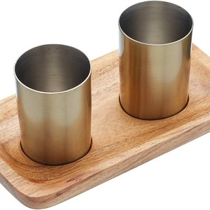 3 Piece Shot Glass Set 2 x Brass Finish Glasses With Natural Wood Stand