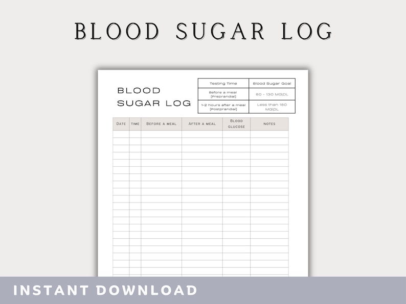 Blood Sugar Log Printable Blood Sugar Tracker Blood Etsy