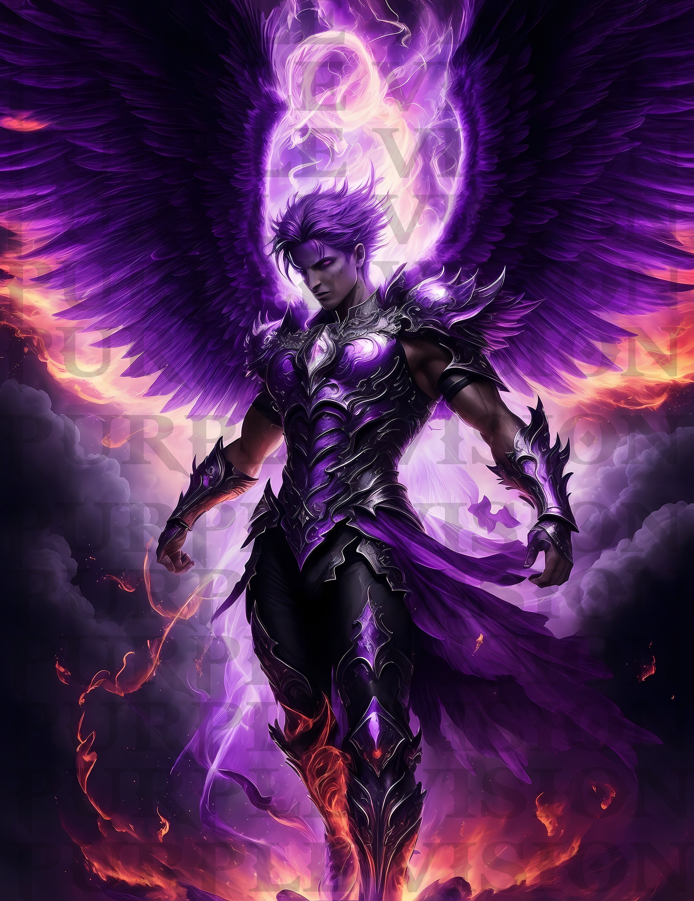 Ultra-realistic Digital Art | Purple Male Archangel Escaping Hell