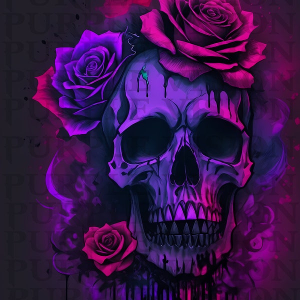 Detailed Purple Skull with Vibrant Roses