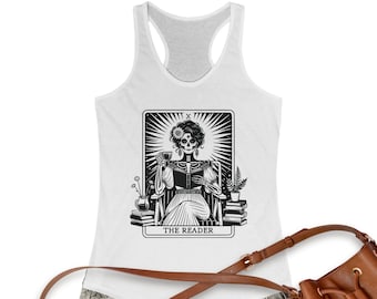 The Reader Women's Racerback Tank Top, Skeleton Sublimation Book lover Summer Top, Coffee and Books Shirt Gifts