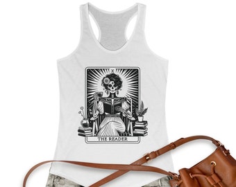The Reader Women's Racerback Tank Top, Skeleton Sublimation Book lover Summer Top, Coffee and Books Shirt Gifts