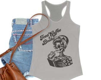 Iced Coffee & Books Women's Racerback Tank Top, Book lovers Summer Top, Coffee Lover Gifts