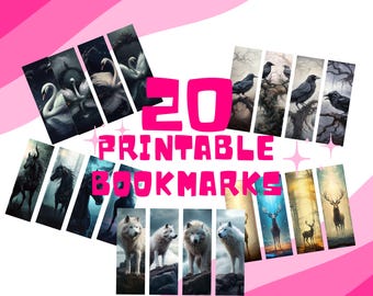 20 Printable Bookmark Bundle, Fantasy Reader Bookmarks, Deer, Raven, Swan, Unicorn, Wolf Bookmark Set Png PDF Instant Download, Romantasy