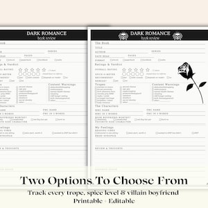 May include: Two identical black and white printable book review templates titled Dark Romance. Each page features sections for title, author, ratings, tropes, content warnings, character details, and review space, with one version including a rose graphic.