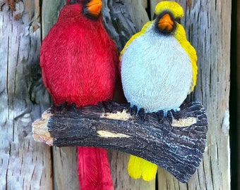 Cardinal Birds on a Log Polyresin Hand Painted Poly Resin Garden Decor Statue Country Farm Yard Ornament Lawn Decoration