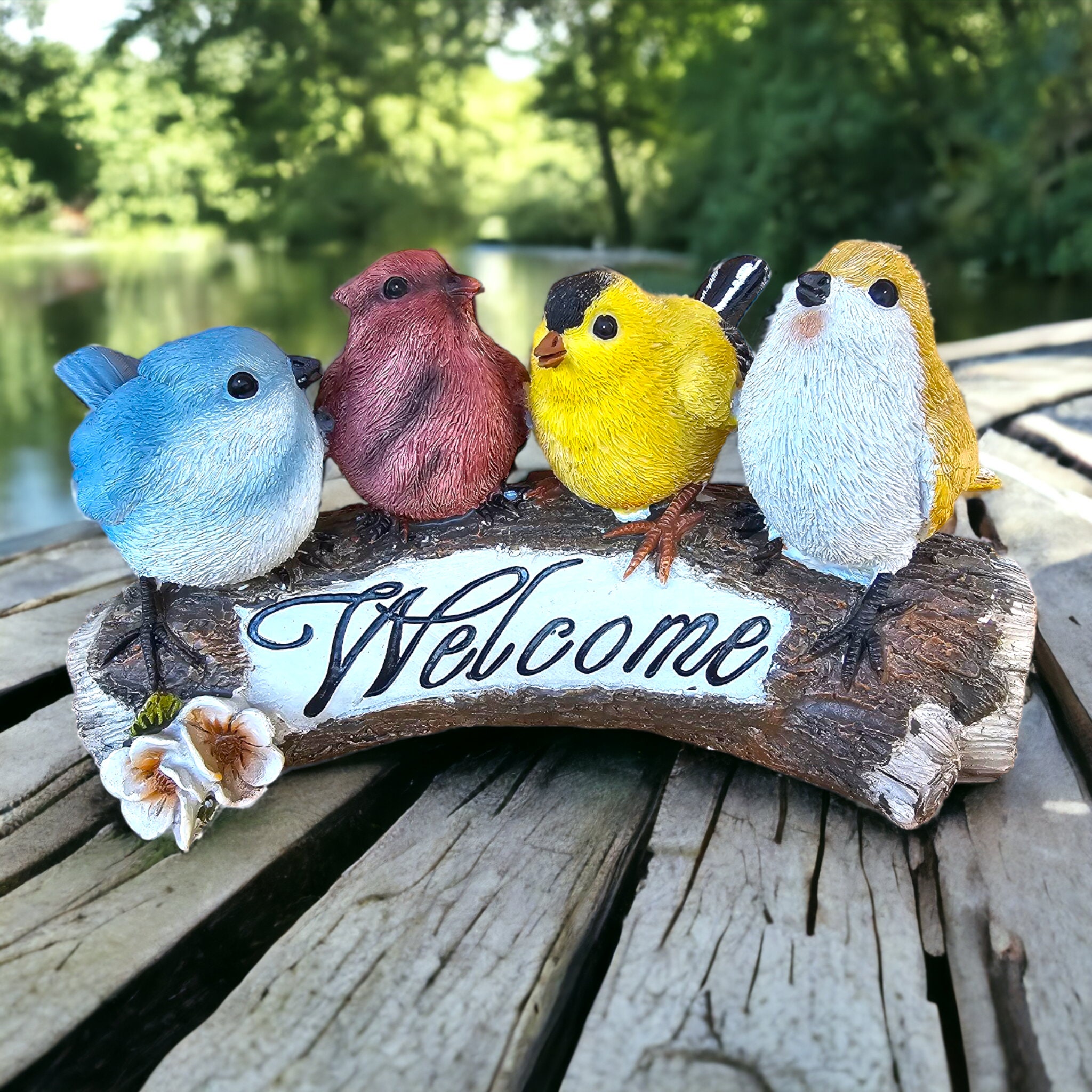 Welcome Birds on a Log Polyresin Hand Painted Poly Resin Garden