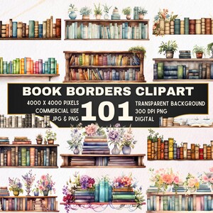 Book Clipart Border Bundle, Vintage, Watercolour 101 Clipart Set, PNG/JPG, Sublimation Art, Transparent Background, Digital Scrapbooking