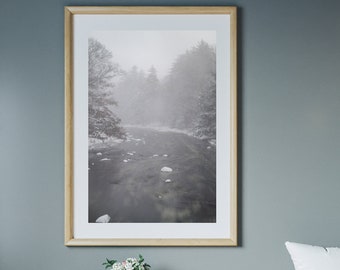 Timeless flowing freezing river in a snow storm New Hampshire Wall Art Print