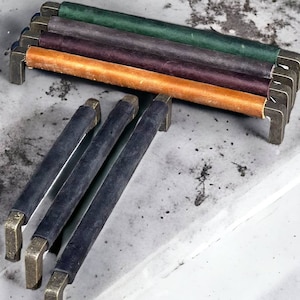 Hand-Stitched Crazy Horse Leather Drawer Pulls: Antique Brass Cabinet Hardware