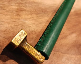 Hand-Stitched Green Leather Drawer Pulls: Antique Brass Cabinet Hardware