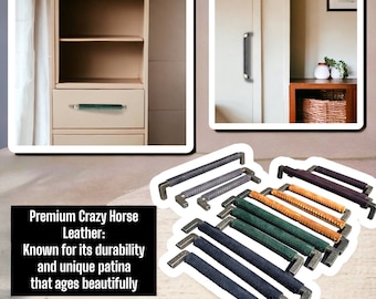 Hand-Stitched Crazy Horse Leather Drawer Pulls: Antique Brass Hardware