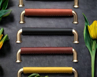Hand-Stitched Italian Leather Cabinet Handle: Gold Hardware leather pulls, leather pulls
