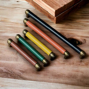 Hand-Stitched Leather Drawer Pull: Antique Brass, Mid-Century Style