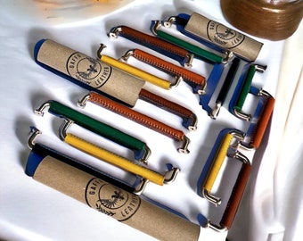 Hand-Stitched Leather. Luxury Handcrafted Leather Pull Handles Gold Cabinet Hardware