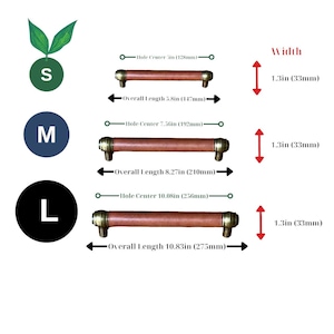 May include: Three leather drawer pulls in different sizes, labeled S, M, and L. Each pull has brass accents and measures 1.3 inches wide. The measurements for each size are listed in inches and centimeters.