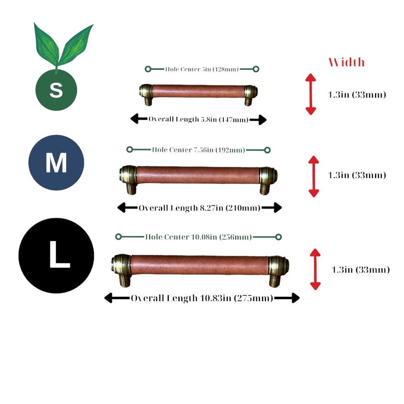 May include: Three leather drawer pulls in different sizes, labeled S, M, and L. Each pull has brass accents and measures 1.3 inches wide. The measurements for each size are listed in inches and centimeters.