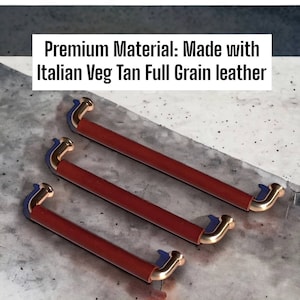 May include: Three brown leather handles with gold metal ends. The handles are made with Italian Veg Tan Full Grain leather. Premium Material: Made with Italian Veg Tan Full Grain leather.