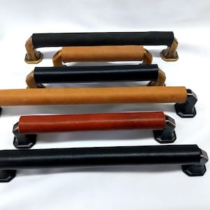 May include: A selection of cabinet pulls with leather-wrapped handles in black, tan, and reddish-brown. The pulls have decorative metal end pieces. These furniture hardware items are suitable for home decor projects and are presented against a white background.