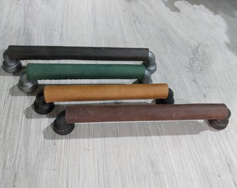 Hand-Stitched Leather Drawer Pull: ANTIQUE BLACK METAL Antique Cabinet Handle