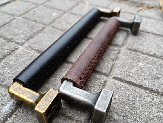 Hand-Stitched Crazy Horse Leather Drawer Pulls: Antique Brass Hardware