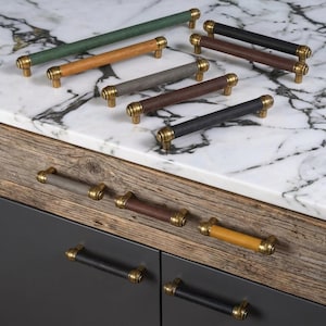 Hand Stitched Crazy Horse Leather Cabinet Handles, Antique Brass Drawer Pulls, Full Grain Furniture Hardware, Dresser Handles, Handmade