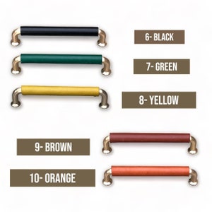 Pode incluir: Cinco puxadores de armário de couro de diferentes cores com pontas de metal dourado. As cores são preto, verde, amarelo, marrom e laranja. O texto abaixo de cada puxador diz 6-BLACK, 7-GREEN, 8-YELLOW, 9-BROWN e 10-ORANGE.