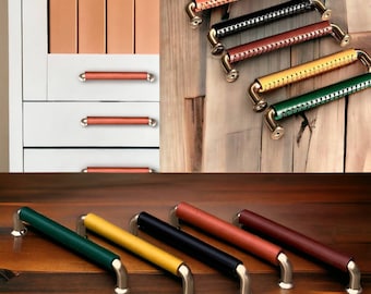 Hand-Stitched Leather Drawer Pulls: Gold Cabinet Hardware