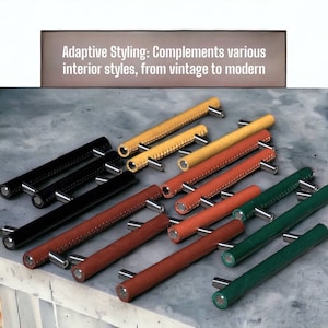 Peut inclure: Assortiment de poignées de tiroir en cuir de différentes couleurs, notamment noir, marron, jaune et vert. Le texte "Adaptive Styling: Complements various interior styles, from vintage to modern" est visible sur l'image.