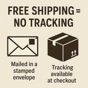 May include: Image with text: "FREE SHIPPING = NO TRACKING." Includes an envelope icon with a stamp and a box icon. Text below the envelope reads "Mailed in a stamped envelope." Text below the box reads "Tracking available at checkout."