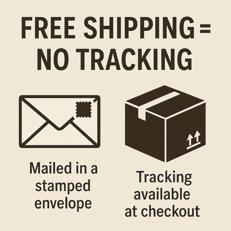 May include: Image with text: "FREE SHIPPING = NO TRACKING." Includes an envelope icon with a stamp and a box icon. Text below the envelope reads "Mailed in a stamped envelope." Text below the box reads "Tracking available at checkout."