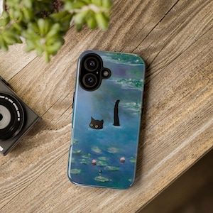 Monet Cat Art Tough Phone Case: Whimsical Black Cat Swimming