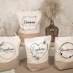Tasche "Erzieherin mit Herz". Jutetasche mit Baumwollanteil, Abschiedsgeschenk, Kindergarten, Geschenk, Shopper