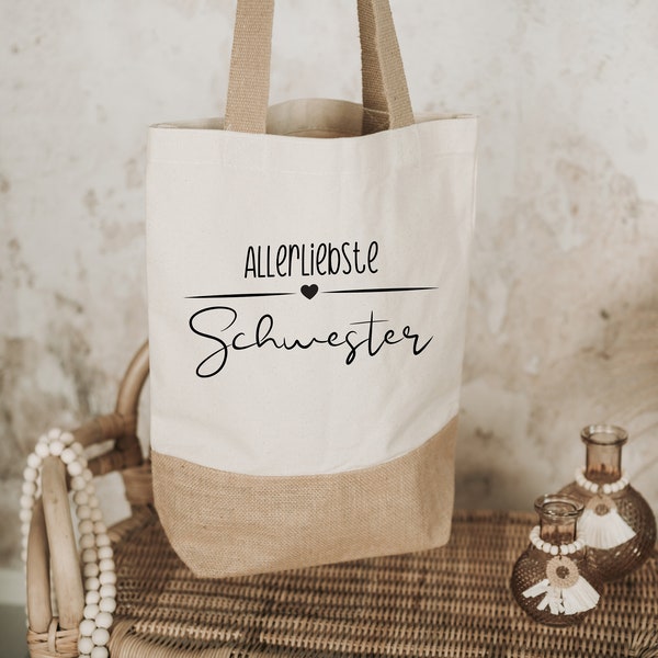 Shopper/Tasche "Allerliebste Schwester". Jutetasche mit Baumwollanteil, Geschenk, Dankeschön, Geburtstag, Schwester, Einkaufstasche