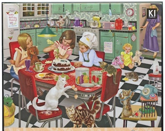 Unopened Vintage 1950's 550 piece Jigsaw puzzle, "Mommy's Birthday Surprise", sweet, humorous beautifully painted look at 1950's life