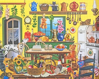 Early Bird Luncheon, 1000 piece jigsaw puzzle, humorous 1950&#39;s kitchen: kittens, dog, hummingbird, vintage kitchen,sewing, cooking items