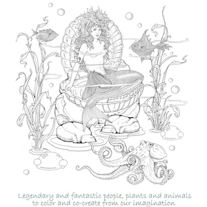 My original ink drawings of Fantasy Art, with mermaids, dragons, fairies, other fantasy creatures, printed on card stock for you to color
