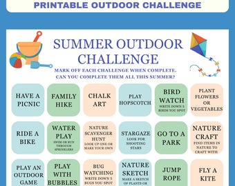 Kids Summer Bucket List, Children Outdoor Printable Activity Sheet, Family Summer Games