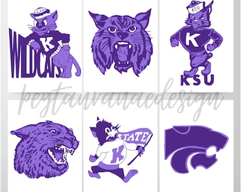 May include: Six purple and white Wildcat mascot logos. The logos feature a Wildcat with a K on its chest. The logos include the text "Wildcats", "KSU", and "State".