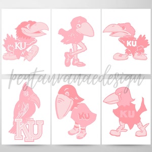 May include: Six pink and white illustrations of the University of Kansas mascot, a Jayhawk, in various poses. The Jayhawk is wearing a jersey with the letters "KU" on it.
