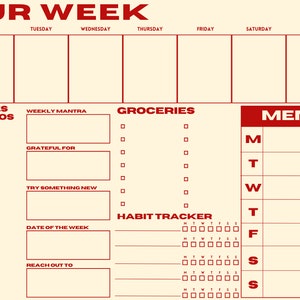 Our Week Calendar in Red/Beige - Aesthetic Weekly Calendar Download (11x8.5)