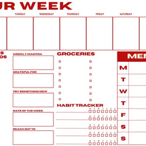 May include: A printable weekly planner with sections for chores, weekly mantra, groceries, and a menu. The planner has a red border and includes a habit tracker.