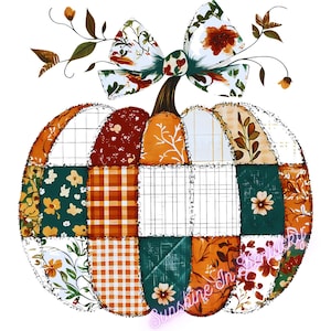 May include: A patchwork pumpkin design with a large bow and floral accents. The pumpkin is composed of various fabric patterns in shades of orange, green, and brown. The text "Sunshine In Kentucky" is visible.