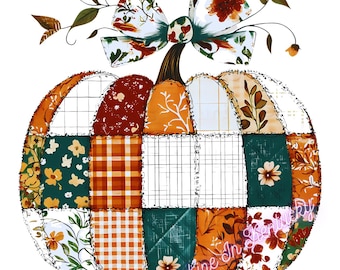 Quilted Patchwork Pumpkin with Bow PNG, Fall Halloween (Digital Download)