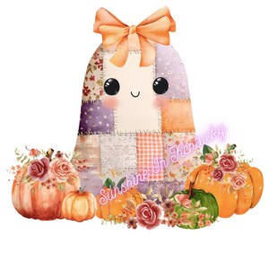May include: A whimsical illustration of a patchwork ghost with a peach bow, black eyes, and a smiling face. The ghost is surrounded by pumpkins in shades of orange, green, and peach, adorned with floral accents. The text "Sunshine In Kentucky" is visible.
