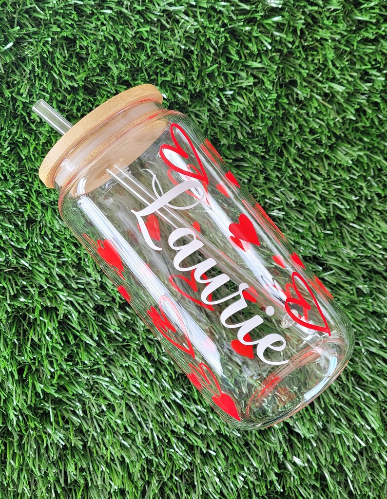 16 Oz Valentine's Day Glass Tumbler Cup With Bamboo Lid and Reusable