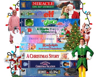 Puede incluir: Una pila de cintas VHS con temática navideña, incluyendo "Milagro en la calle 34" y "Solo en casa". Decoraciones festivas como luces de cadena, personajes de películas y un árbol de Navidad rodean las cintas. Un tema nostálgico de vacaciones.