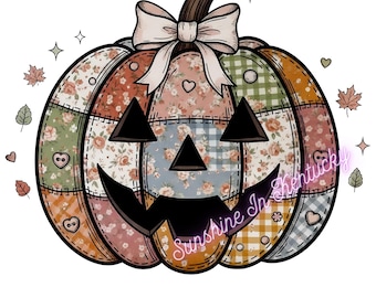 Floral Patchwork Quilted Pumpkin PNG, Fall Autumn Design (Digital Download)