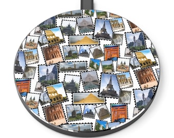 Cargador inalámbrico de viaje, cargador de vuelta al mundo, fotos de viajes originales, cargador de París, India, Egipto y Japón