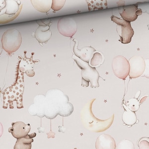 Pink Animals Cotton Fabric / Premium Cotton Material by the Meter, Yard / Width 158cm, 62&quot; / Baby Bedding / Nursery Cotton